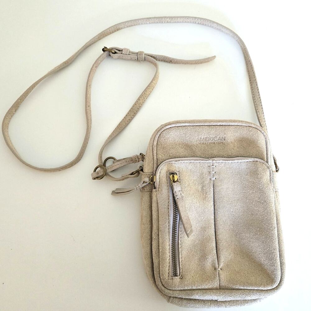 American Leather Co. Cleveland Metallic Suede Mini Crossbody Bag Gold Champagne